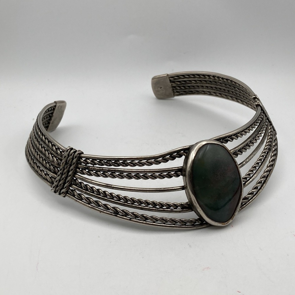 Vintage Southwest Style Choker Collar Necklace Rope Wire Green Stone Tone